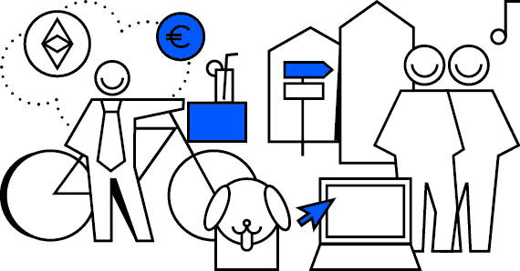 Illustration zu Crowdfunding Themen mit Symbolen für Finanzen Technologie und Gemeinschaft einschließlich einer Person