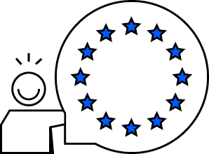 europacrowdfunding | crowdfundingde Person mit lächelndem Gesicht die eine Sprechblase mit blauen Sternen im Kreis hält symbolisiert europäisches Crowdfu