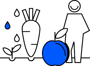 Grafische Darstellung eines stilisierten Menschen neben einer blauen Apfel Illustration und einer weißen Karotte mit Wass