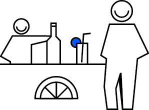 gruendencrowdfunding | crowdfundingde Strichzeichnung eines Bartenders hinter einer Theke mit Getränken und einem Kunden davor