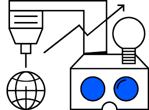 innovationcrowdfunding | crowdfundingde Grafische Darstellung eines Roboters mit einer Weltkugel und einem Pfeil der Innovation und Crowdfunding symbolisiert