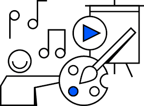 kulturcrowdfunding | crowdfundingde Grafik zum Thema Kultur Crowdfunding mit einem stilisierten Menschen einer Farbpalette einem Präsentationsblatt und Mus