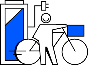 mobilitaetcrowdfunding | crowdfundingde Symbol eines Radfahrers neben einer großen Batterie die aufgeladen wird in Blau und Weiß