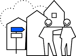 urbancrowdfunding | crowdfundingde Zwei stilisierte Figuren umarmen sich vor einer Gruppe von Häusern mit einem blauen Richtungsschild im Hintergrund