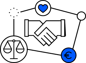 wirtschaftcrowdfunding | crowdfundingde Grafik mit zwei sich schüttelnden Händen umgeben von Symbolen für Herz Euro und Waage thematisiert Crowdfunding in d