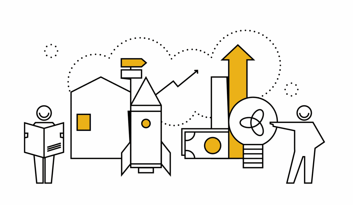 Zwei Personen mit einem Buch und einer Grafik stehen neben einem Raketen Icon einem Geldschein und einem Diagramm