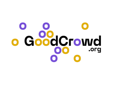 goodcrowd | crowdfundingde Logo von GoodCrowdorg bestehend aus dem Schriftzug in Schwarz und bunten Kreisen in Lila und Gelb
